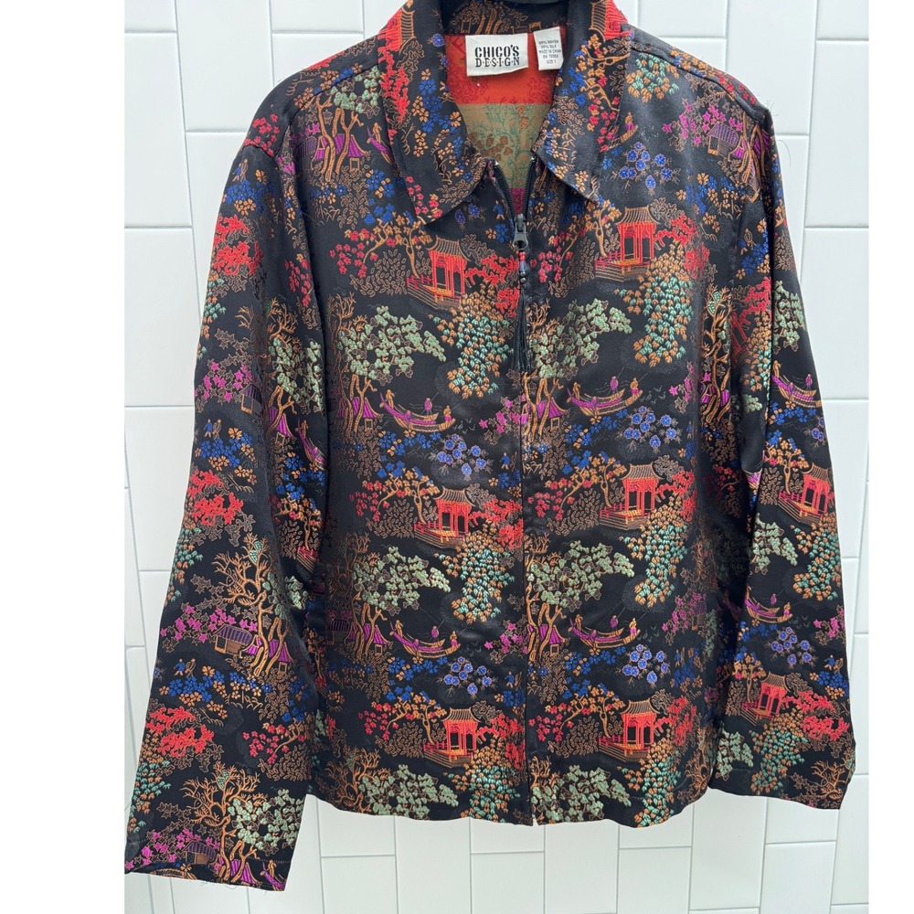 Chicos Design Silk Brocade Chinoiserie Jacket Black Pagoda Zip Front Tassel Sz 1